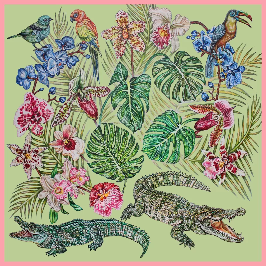 Lalique Scarves^Foulard by Ginny Litscher, Light green Jungle design